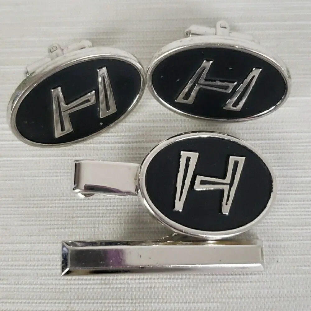 Vintage Hickok Cufflinks Tie Clips Monogram H Silver Tone Mens Formal MCM Marked